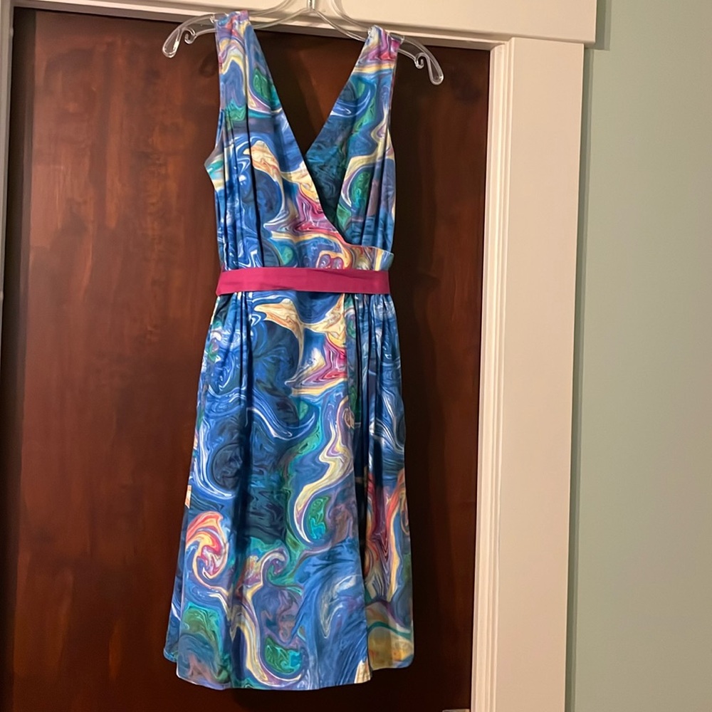 Ladies M Bea & Dot by ModCloth blue & multi colored dress with sash/belt